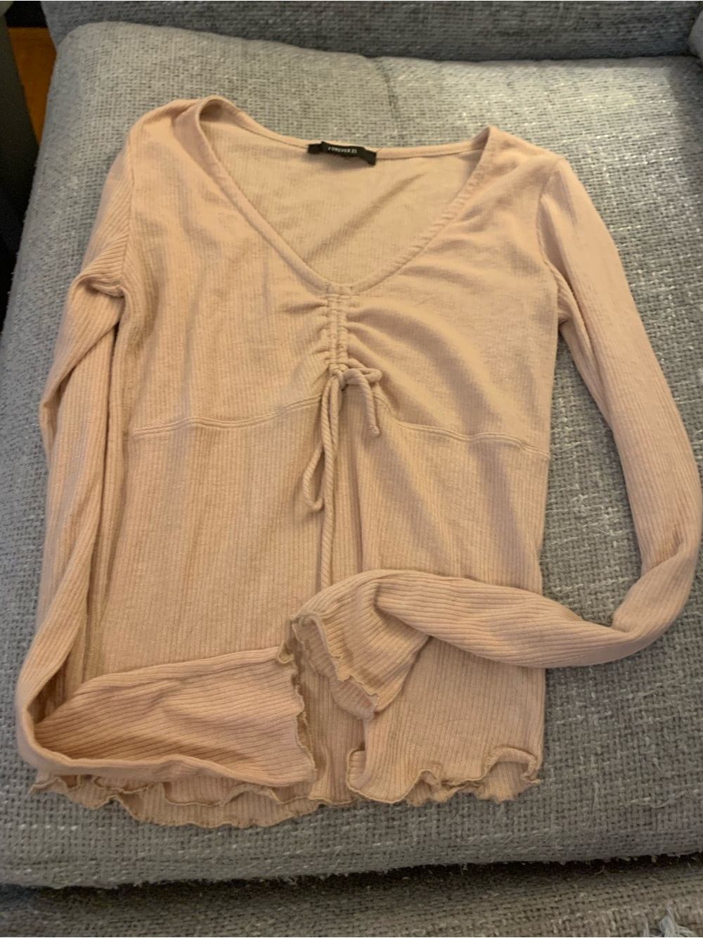 Forever 21 Blush Ribbed V-Neck Long Sleeve Top with Front Drawstring